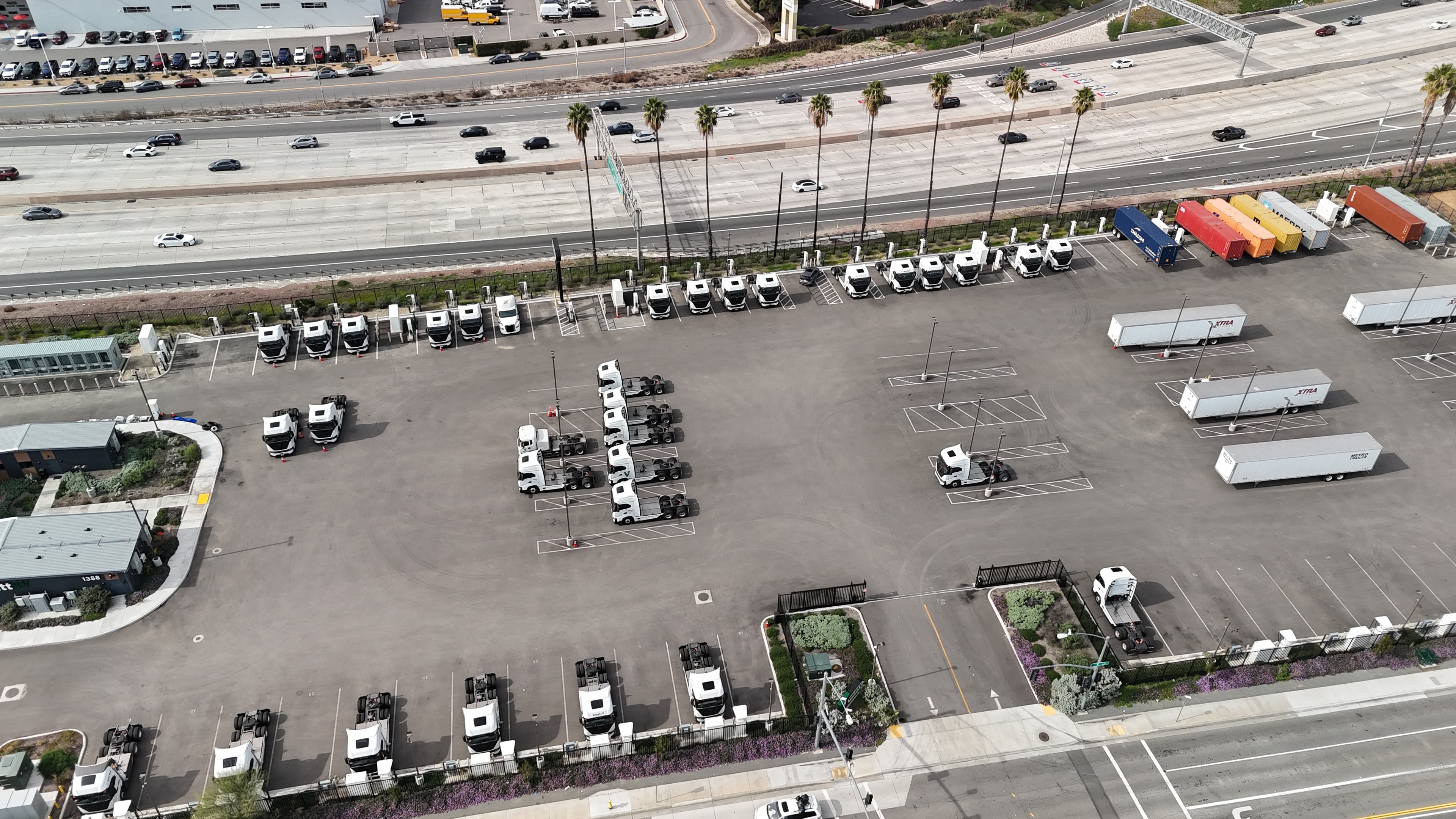 Drone view of a WattEV charging depot with fleet staging and trailer yard