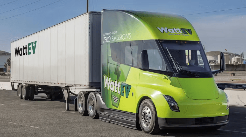 WattEV branded Tesla Semi Class 8 truck with trailer